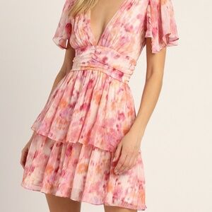 Lulus Sunny Evenings Pink Multi Lurex Flutter Sleeve Mini Dress - Size S